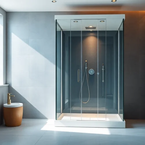 Moderne duschkabine 100x100 pendeltür in einem elegant einsichtigen Badezimmer.