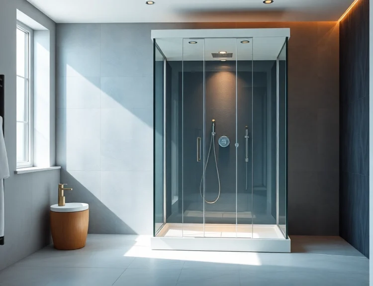 Moderne duschkabine 100x100 pendeltür in einem elegant einsichtigen Badezimmer.