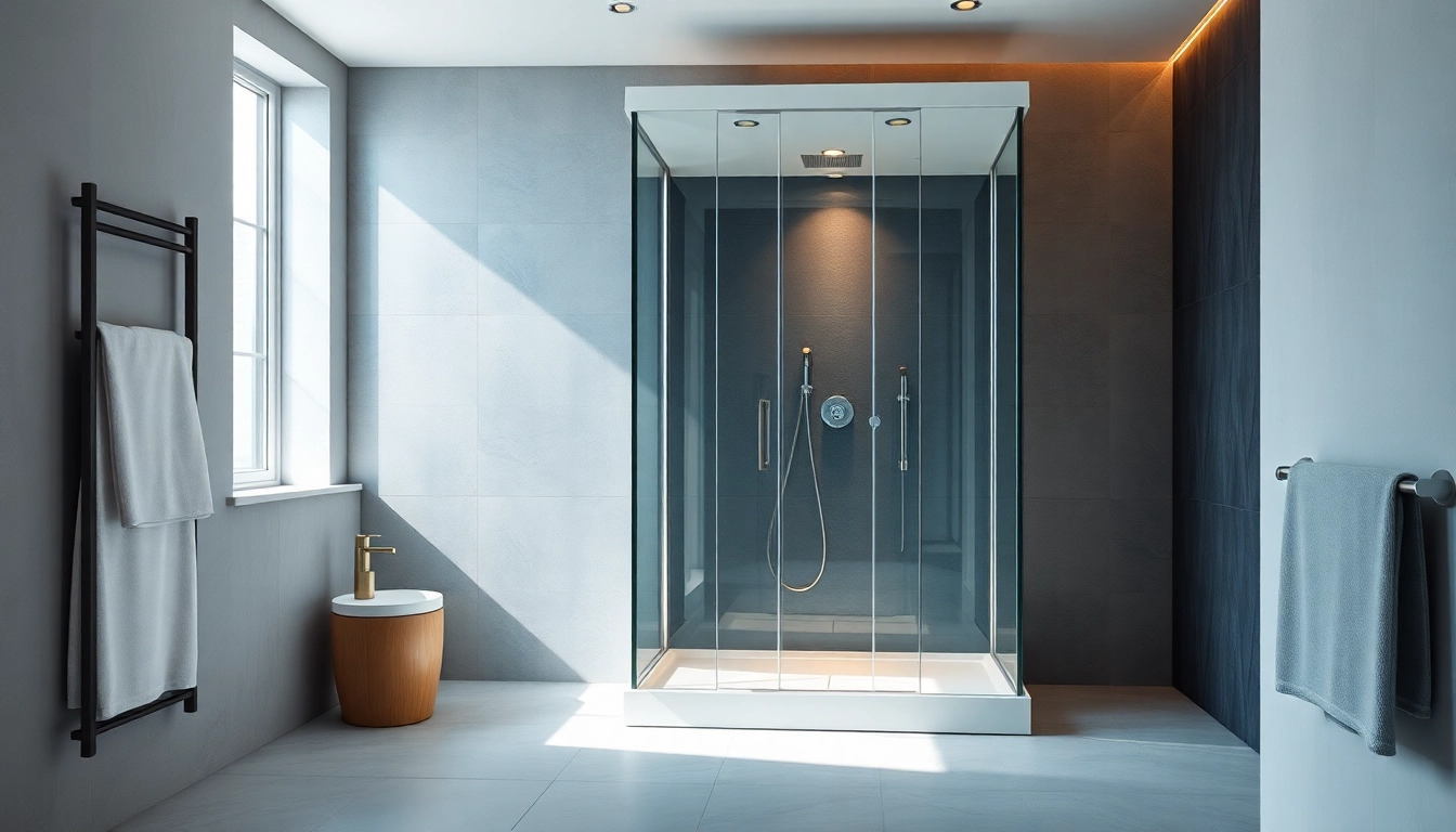 Moderne duschkabine 100x100 pendeltür in einem elegant einsichtigen Badezimmer.