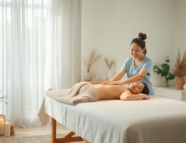 아늑한 가정 환경에서 전문 치료사가 고객을 편안하게 달래는 평택출장마사지의 모습.