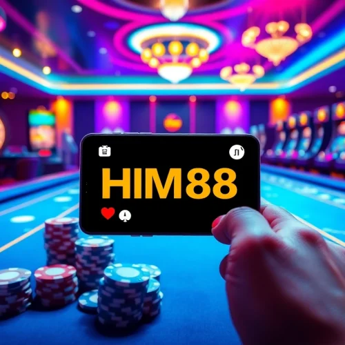 Engaging with the HM88 app amidst a vibrant casino scene filled with chips, cards, and slot machines.