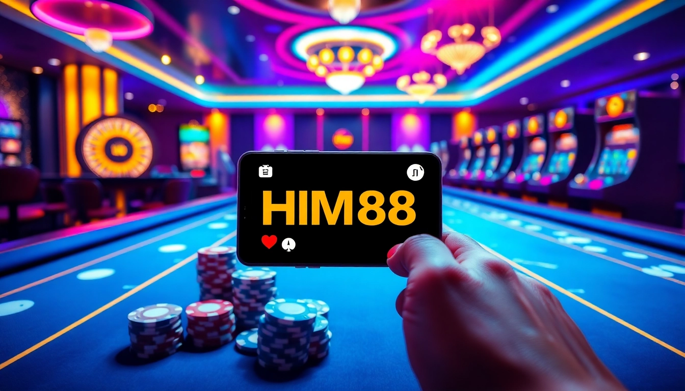 Engaging with the HM88 app amidst a vibrant casino scene filled with chips, cards, and slot machines.