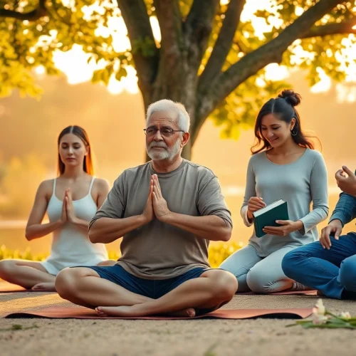 Individuals enhancing their emotional wellbeing through mindfulness and meditation in a tranquil park.