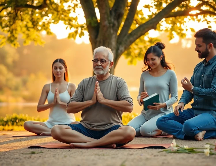 Individuals enhancing their emotional wellbeing through mindfulness and meditation in a tranquil park.