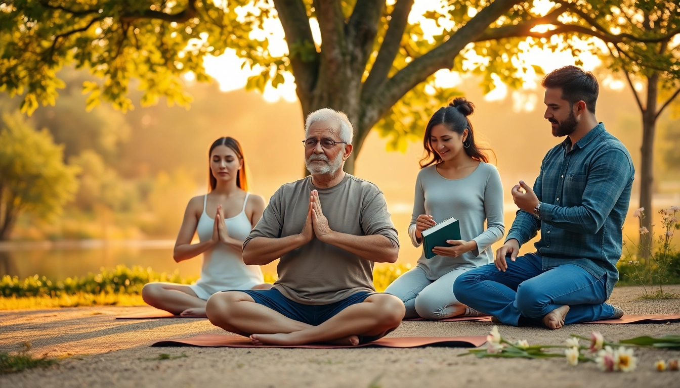 Individuals enhancing their emotional wellbeing through mindfulness and meditation in a tranquil park.
