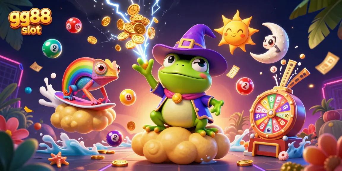 Engaging gg88 slot illustration featuring a weather wizard frog and chameleon amidst coin storms and vibrant elements.