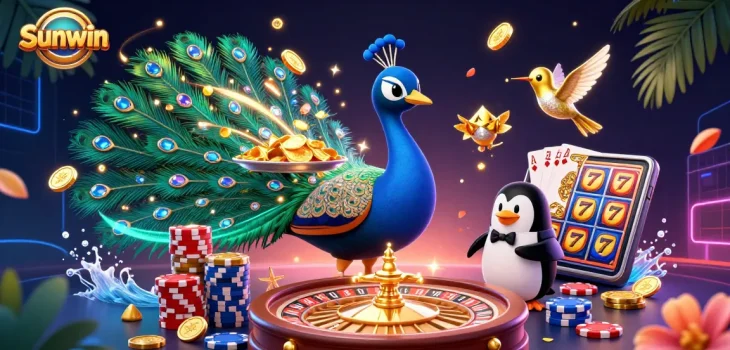 Sunwin offers vibrant games with an aristocratic peacock, a butler penguin, and a hummingbird in a stunning casino illustration.