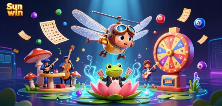 Experience winning at Sun win with a vibrant, jazz-infused illustrated casino scene showcasing game excitement.