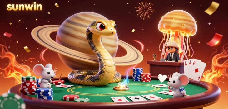 Experience the thrill of betting with sunwin in an engaging 3D casino scene featuring a Saturn ring snake and vibrant poker elements.