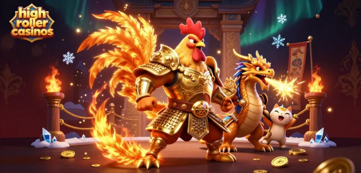 Engage in high roller casinos with an energetic battle scene featuring a warrior, dragon hatchling, and fortune cat.
