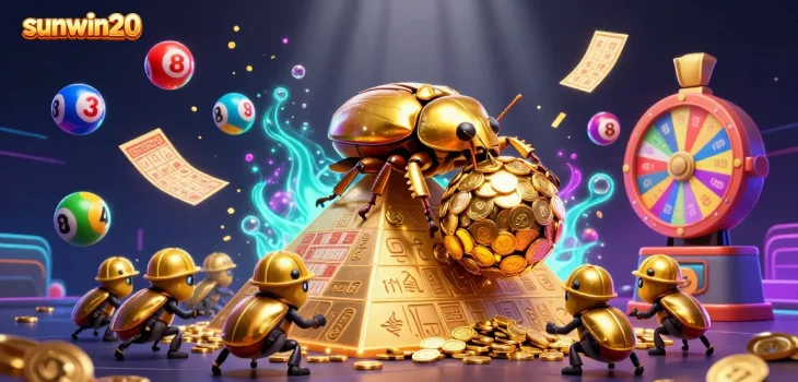 Experience the excitement of sunwin20 with a vibrant casino-themed 3D illustration of golden beetles and dynamic gaming elements.