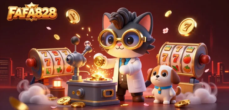 Experience the excitement of FAFA828 with a unique 3D illustration of a mad scientist cat creating gold coins, surrounded by vibrant slot elements.